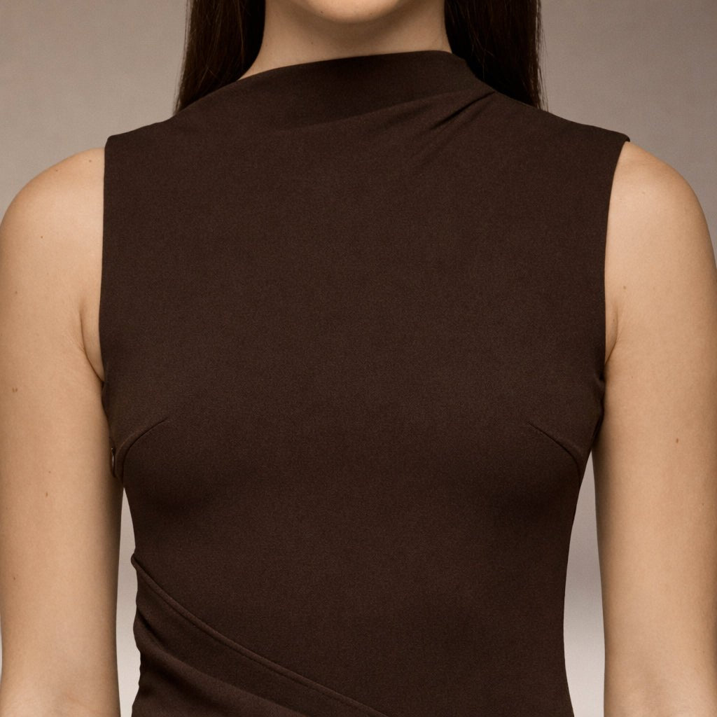 Brown Sleeveless A - line Crepe Maxi Dress - shopaleena