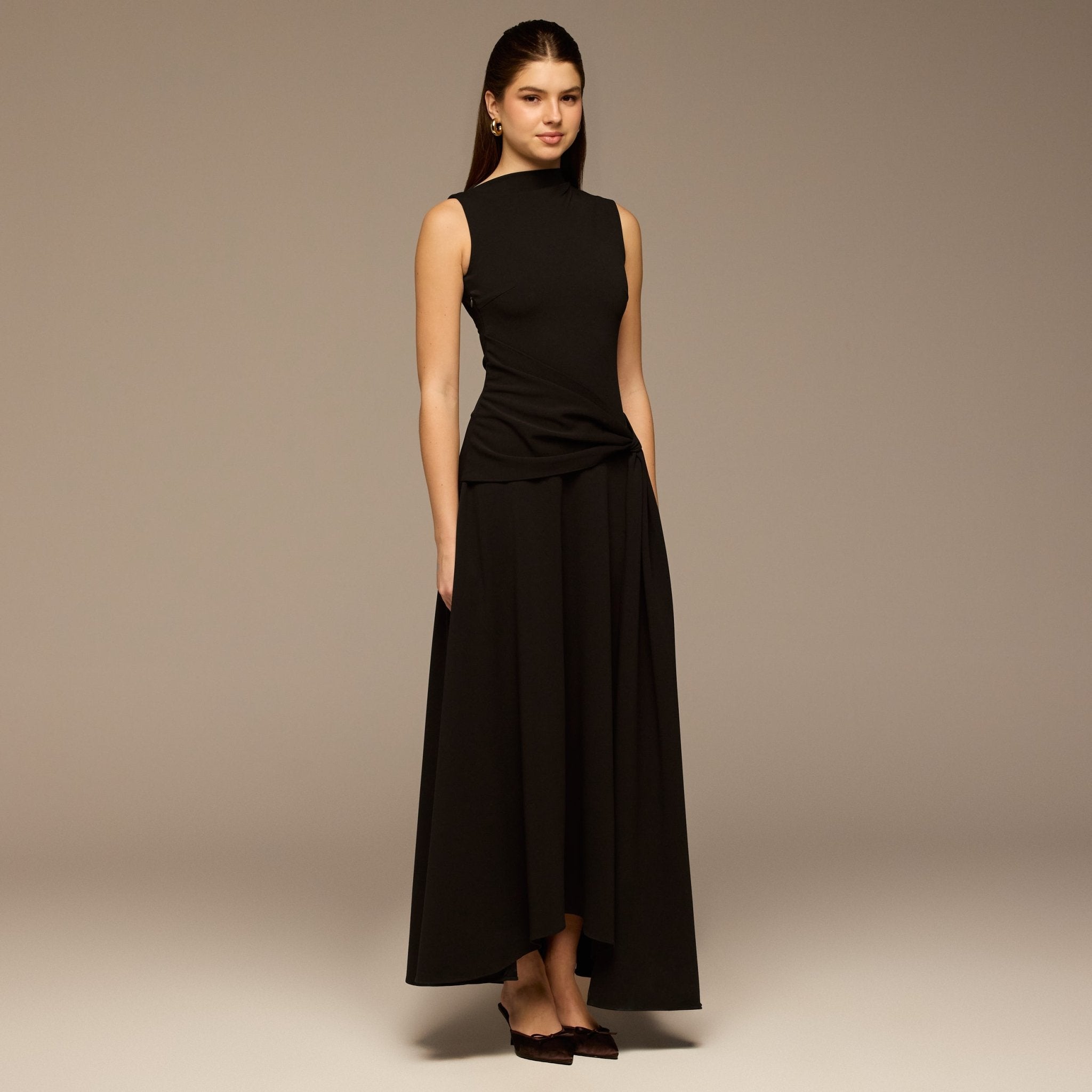 Brown Sleeveless A - line Crepe Maxi Dress - shopaleena