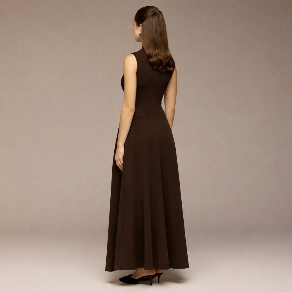Brown Sleeveless A - line Crepe Maxi Dress - shopaleena