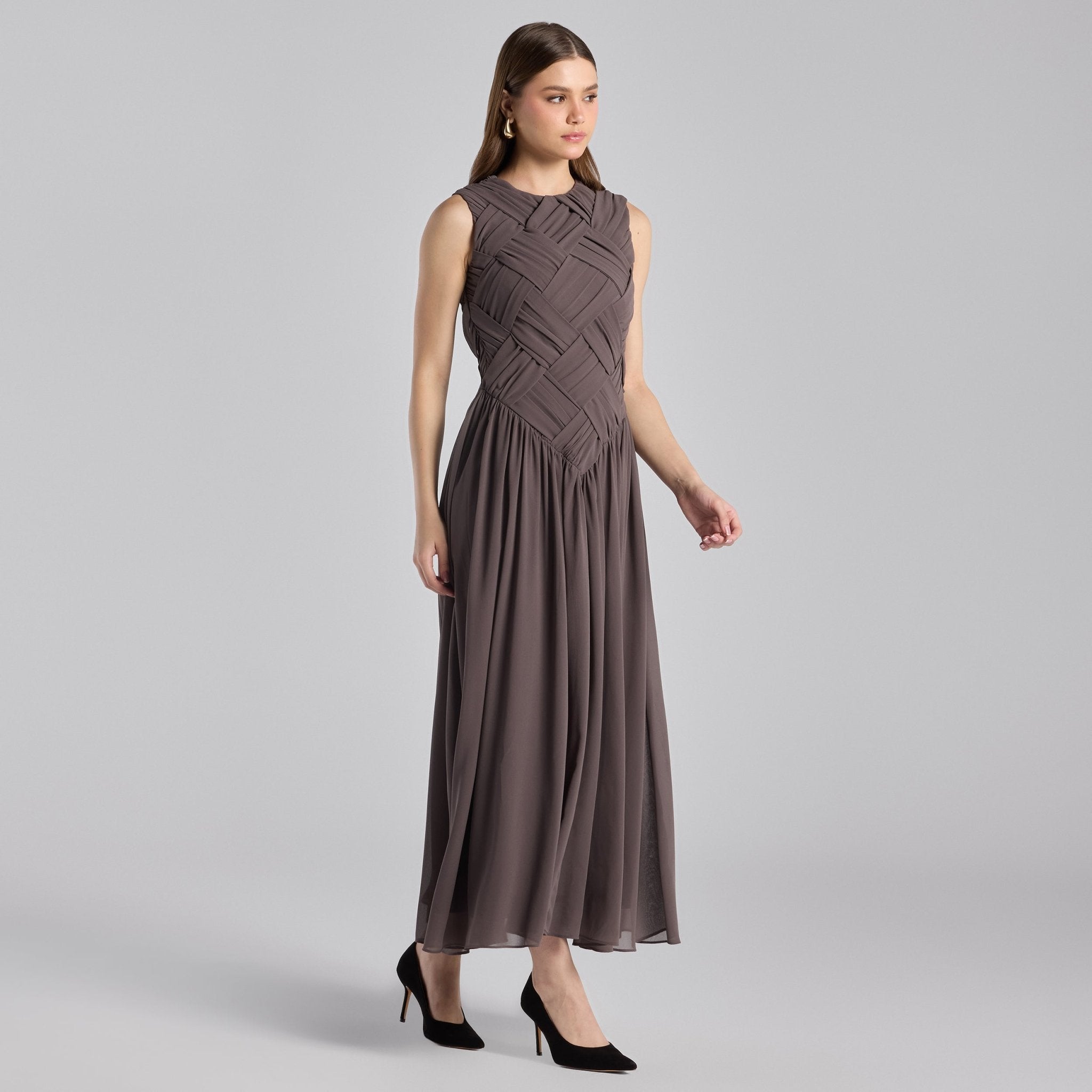 Brown Sleeveless Braided Chiffon Maxi Dress - shopaleena