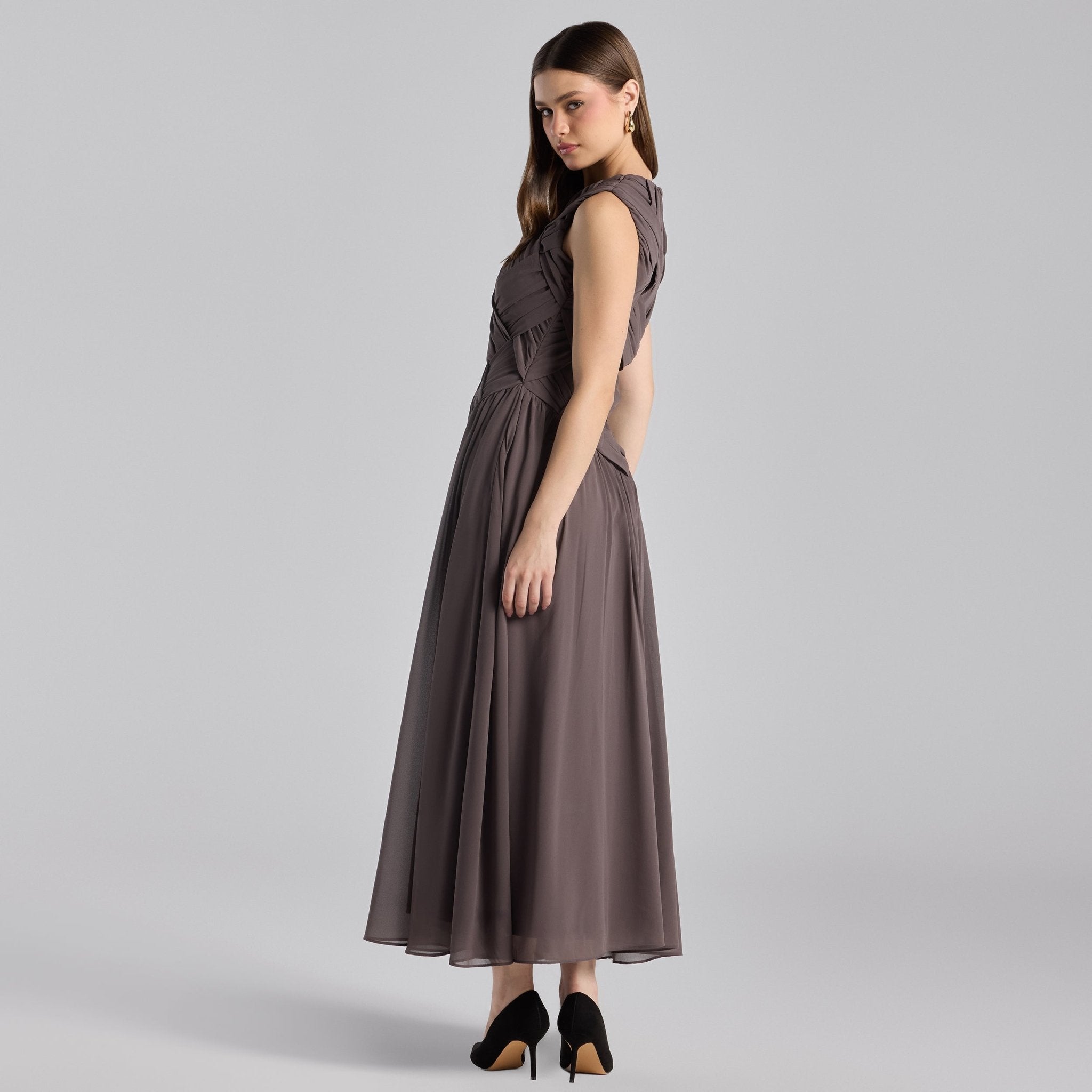 Brown Sleeveless Braided Chiffon Maxi Dress - shopaleena