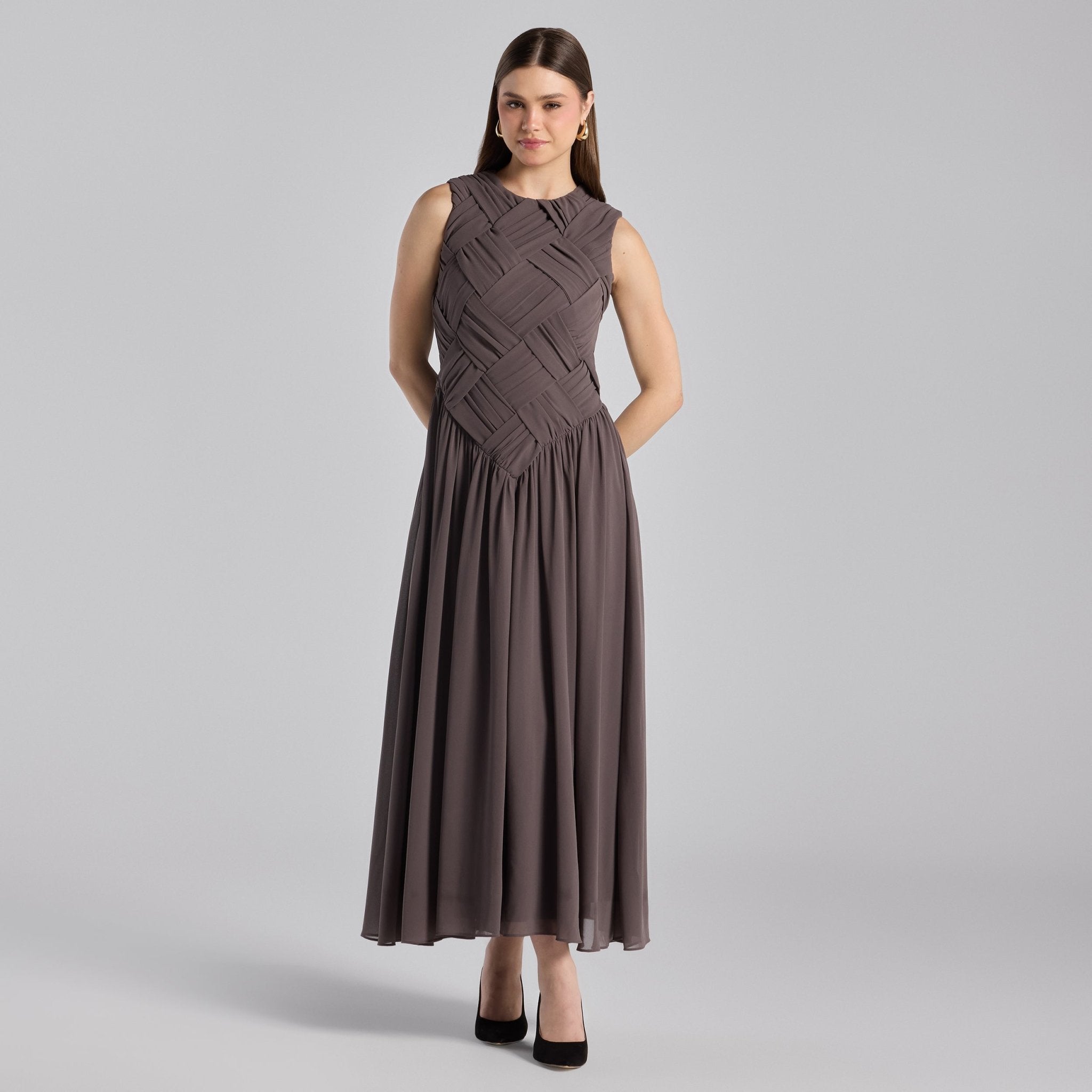 Brown Sleeveless Braided Chiffon Maxi Dress - shopaleena