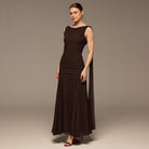 Brown Sleeveless Embroidered Chiffon Maxi Dress - shopaleena