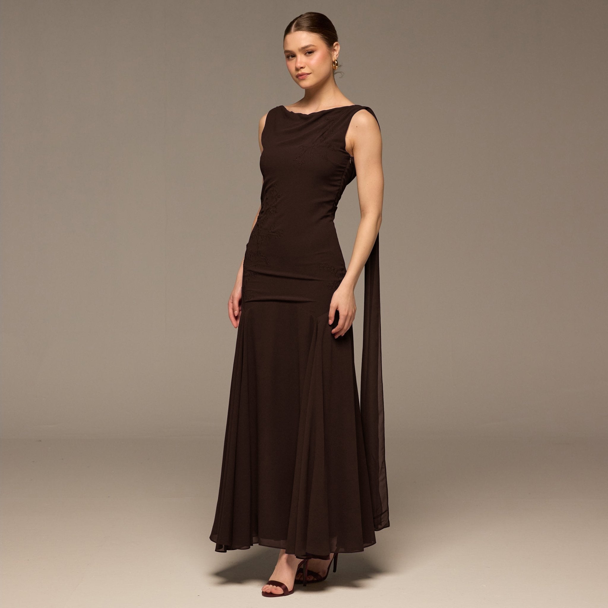 Brown Sleeveless Embroidered Chiffon Maxi Dress - shopaleena