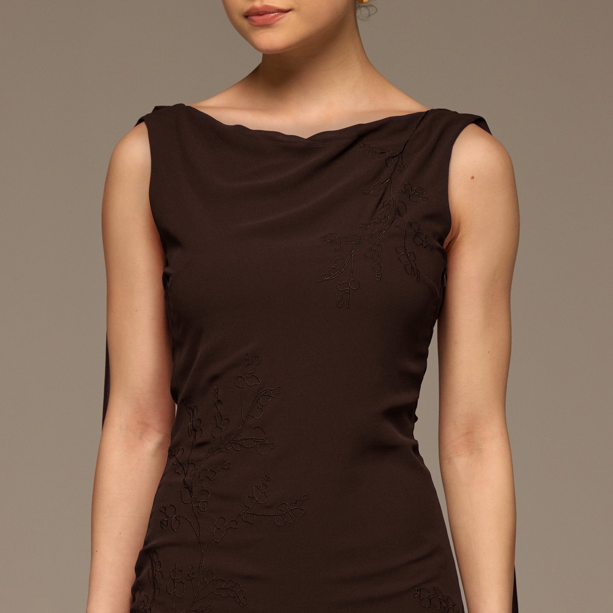 Brown Sleeveless Embroidered Chiffon Maxi Dress - shopaleena