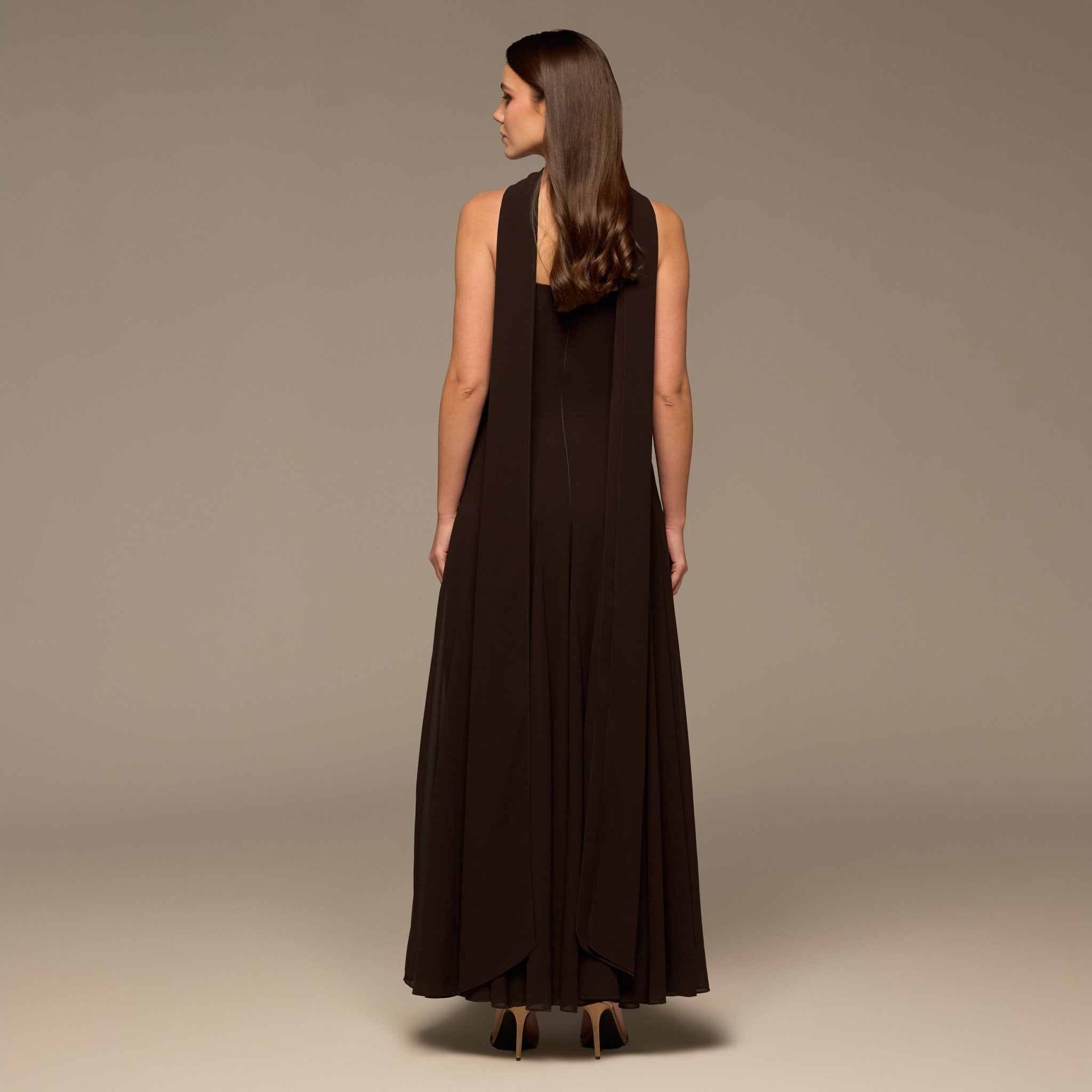 Brown Square Neck Maxi Dress with Scarf Detail - shopaleena