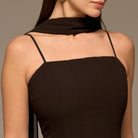 Brown Square Neck Maxi Dress with Scarf Detail - shopaleena