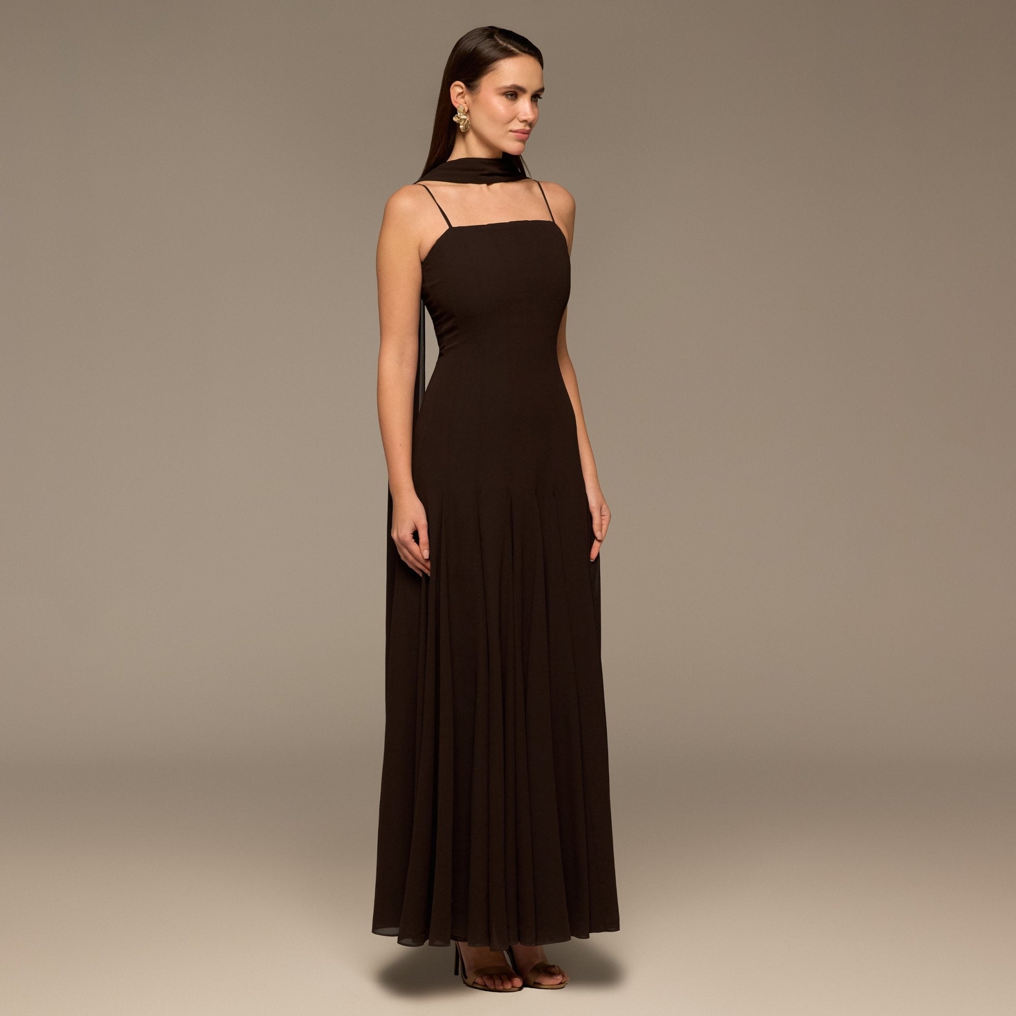 Brown Square Neck Maxi Dress with Scarf Detail - shopaleena