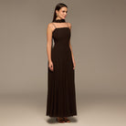 Brown Square Neck Maxi Dress with Scarf Detail - shopaleena