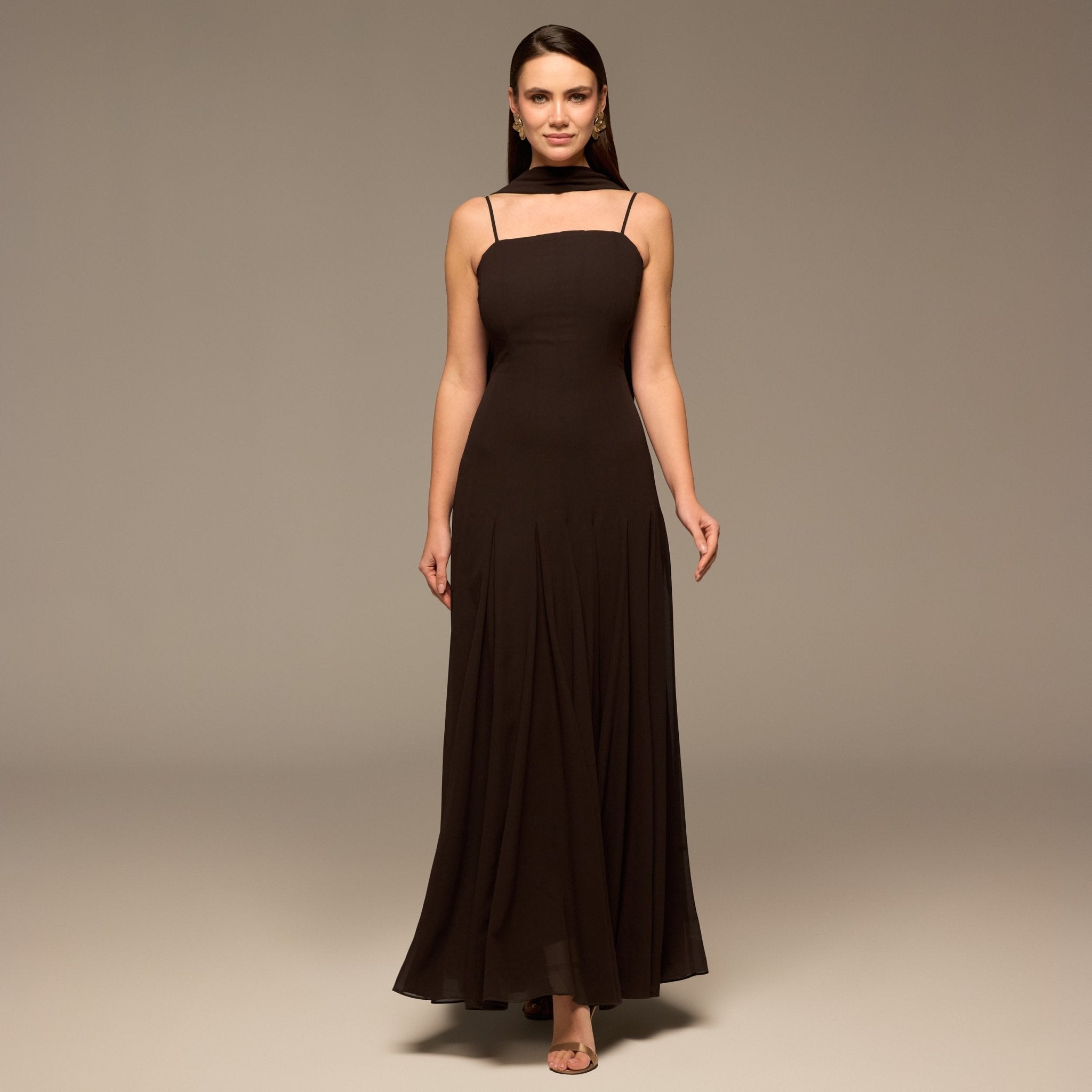 Brown Square Neck Maxi Dress with Scarf Detail - shopaleena
