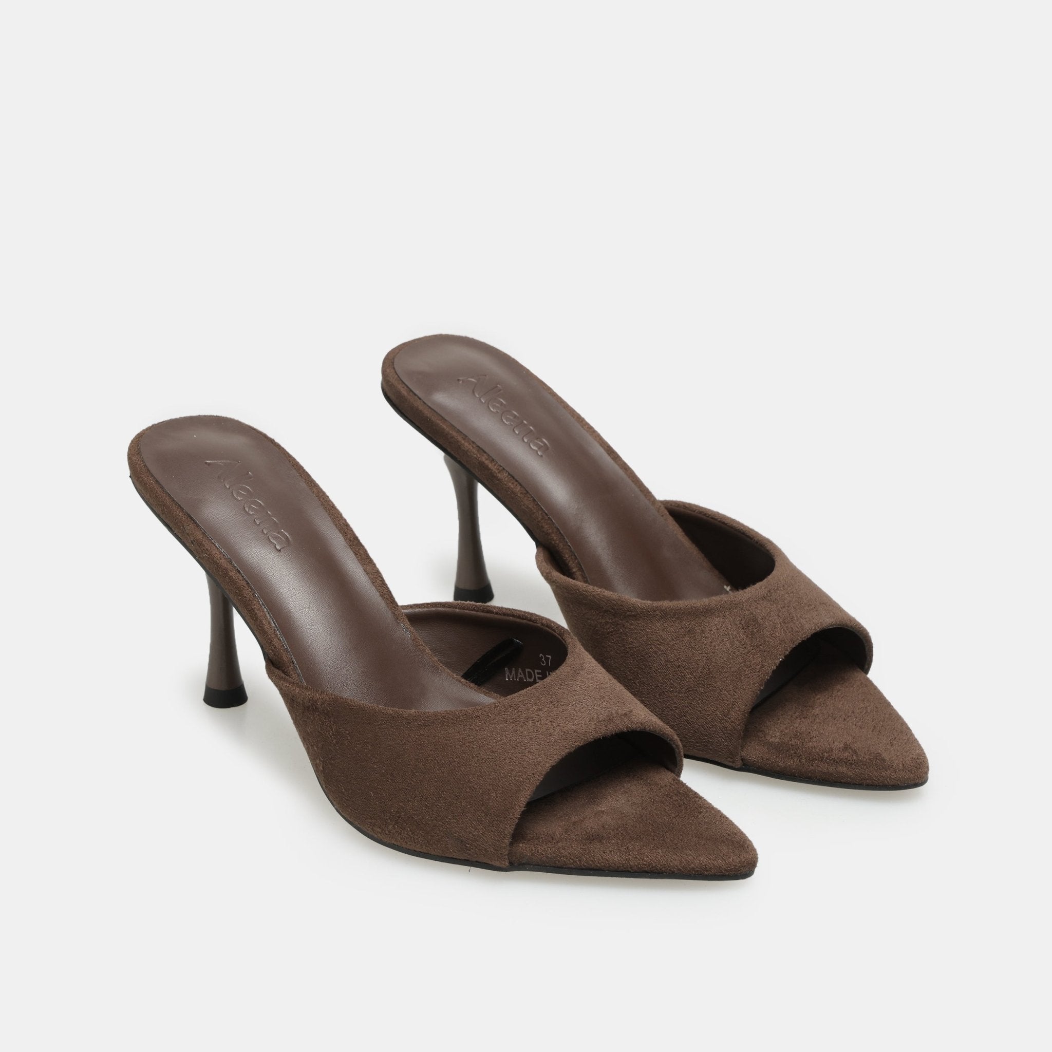 Brown Suede High Heel Mules - shopaleena