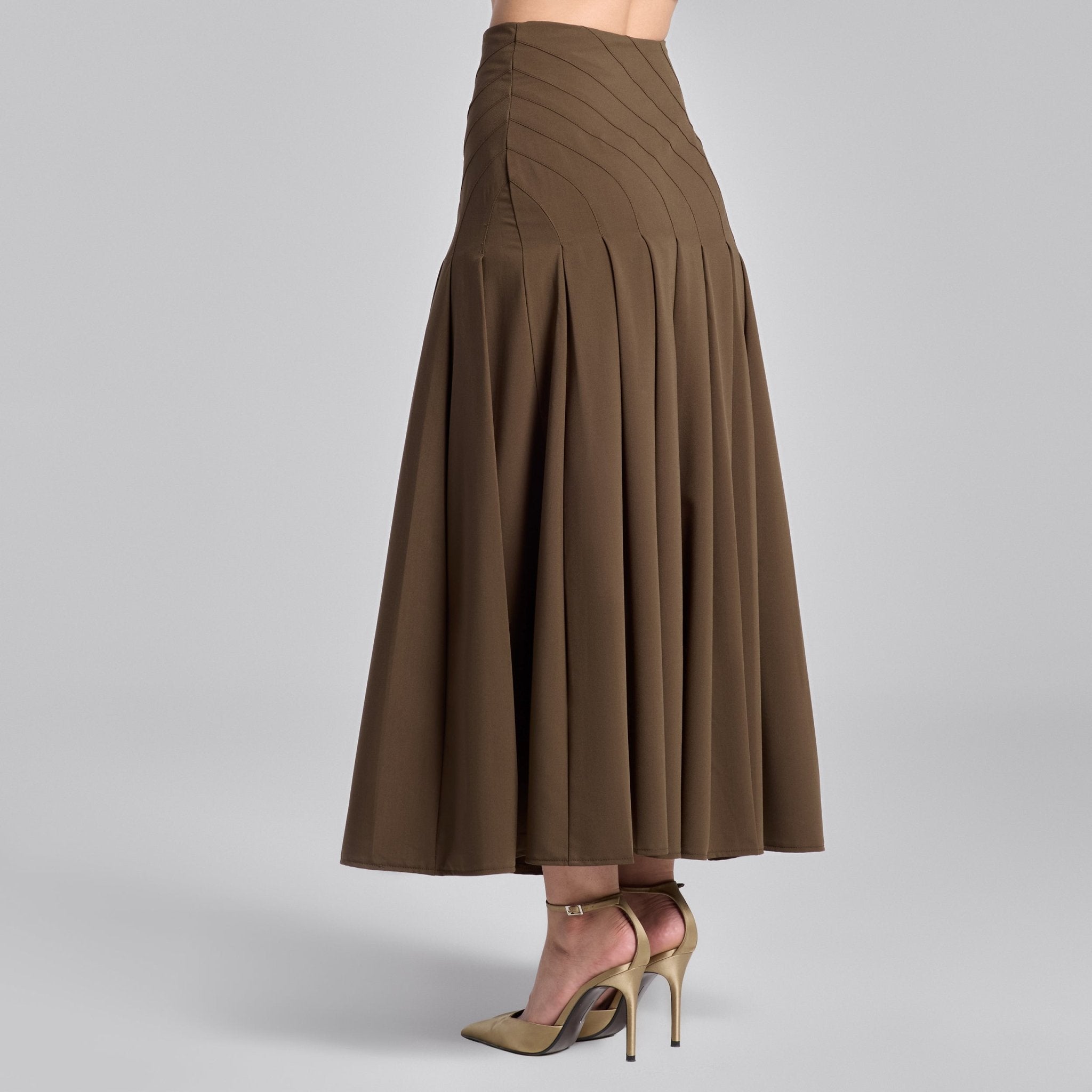 Brown Twill Pleated Maxi Skirt - shopaleena