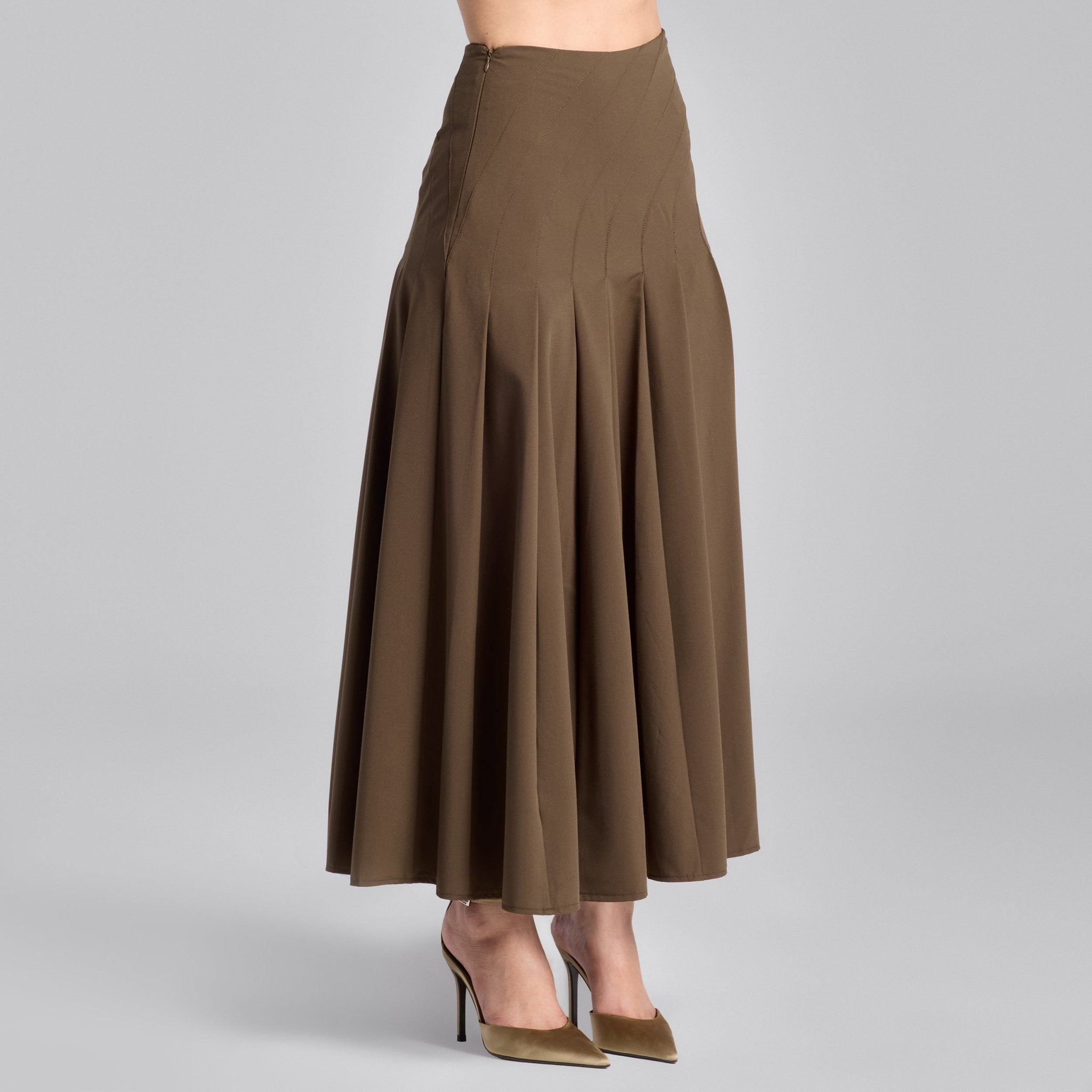 Brown Twill Pleated Maxi Skirt - shopaleena
