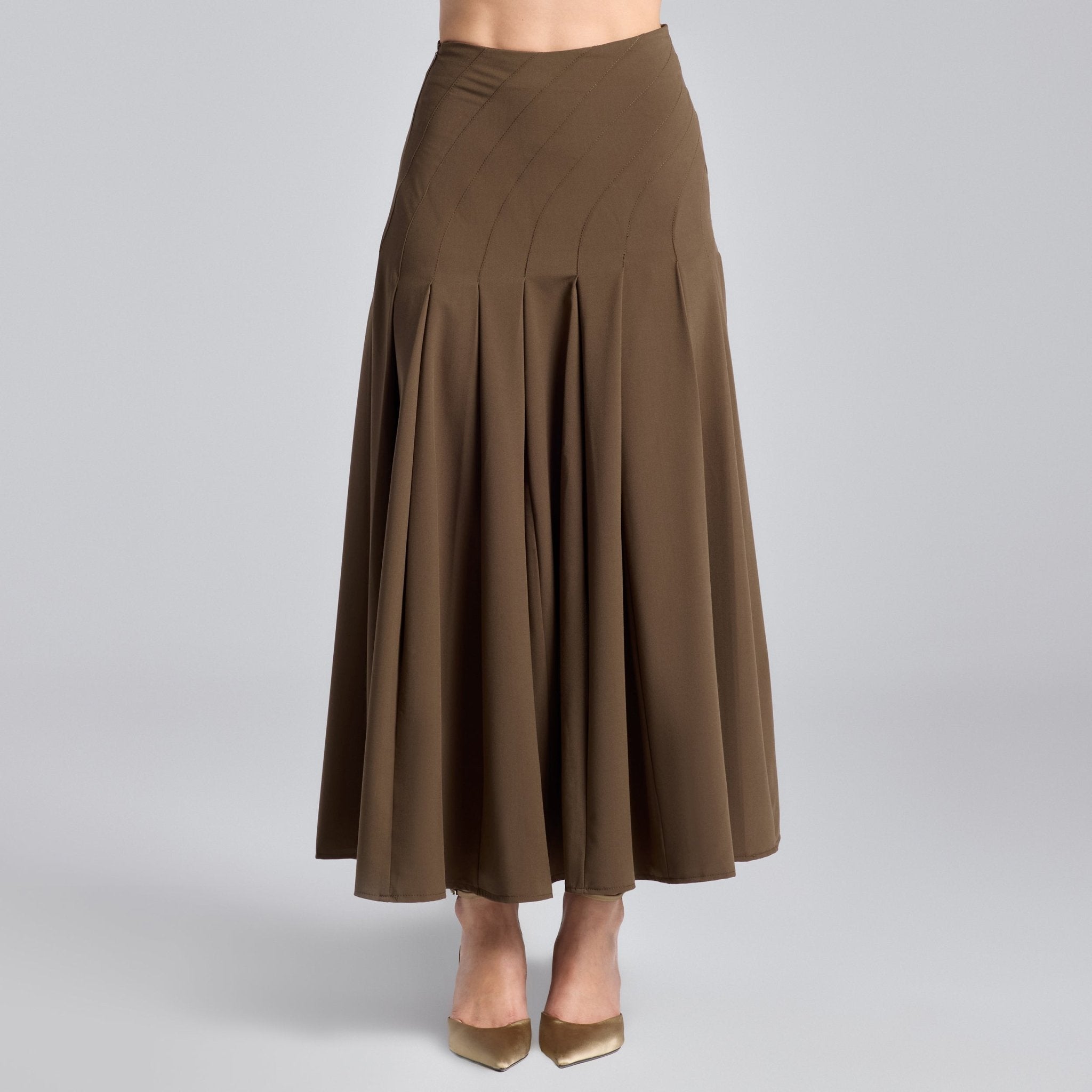 Brown Twill Pleated Maxi Skirt - shopaleena