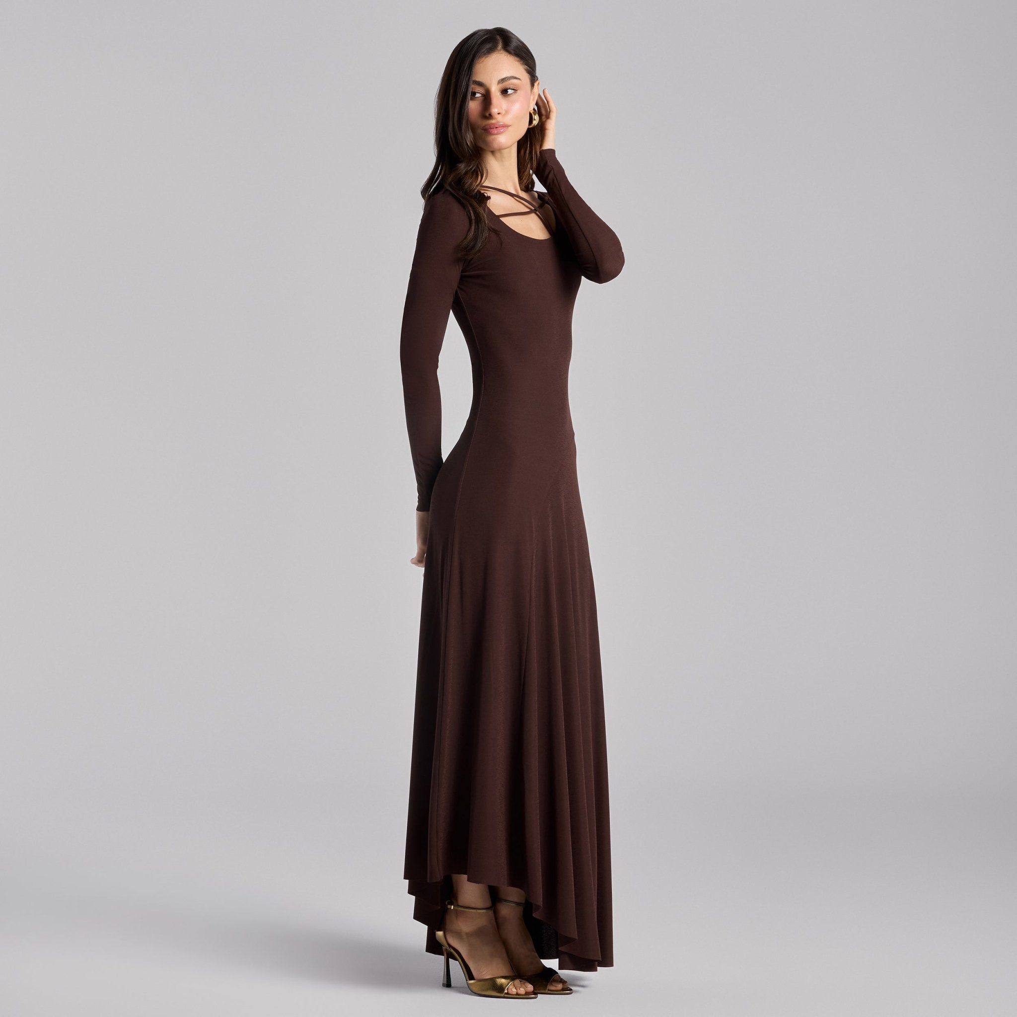 Brown Twist Detail Jersey Maxi Dress - shopaleena