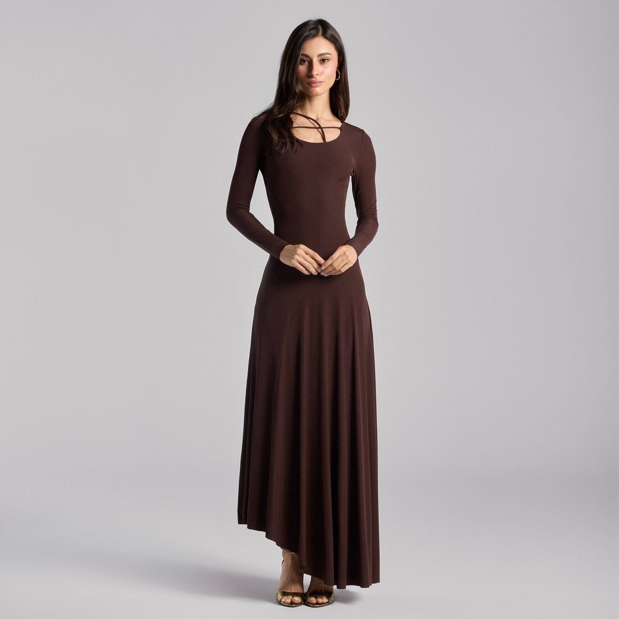 Brown Twist Detail Jersey Maxi Dress - shopaleena