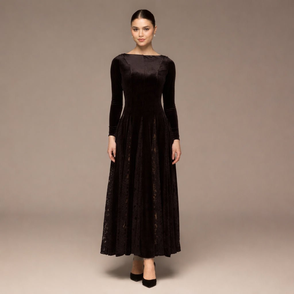 Brown Velvet Maxi Dress with Lace Godets - shopaleena