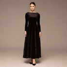 Brown Velvet Maxi Dress with Lace Godets - shopaleena
