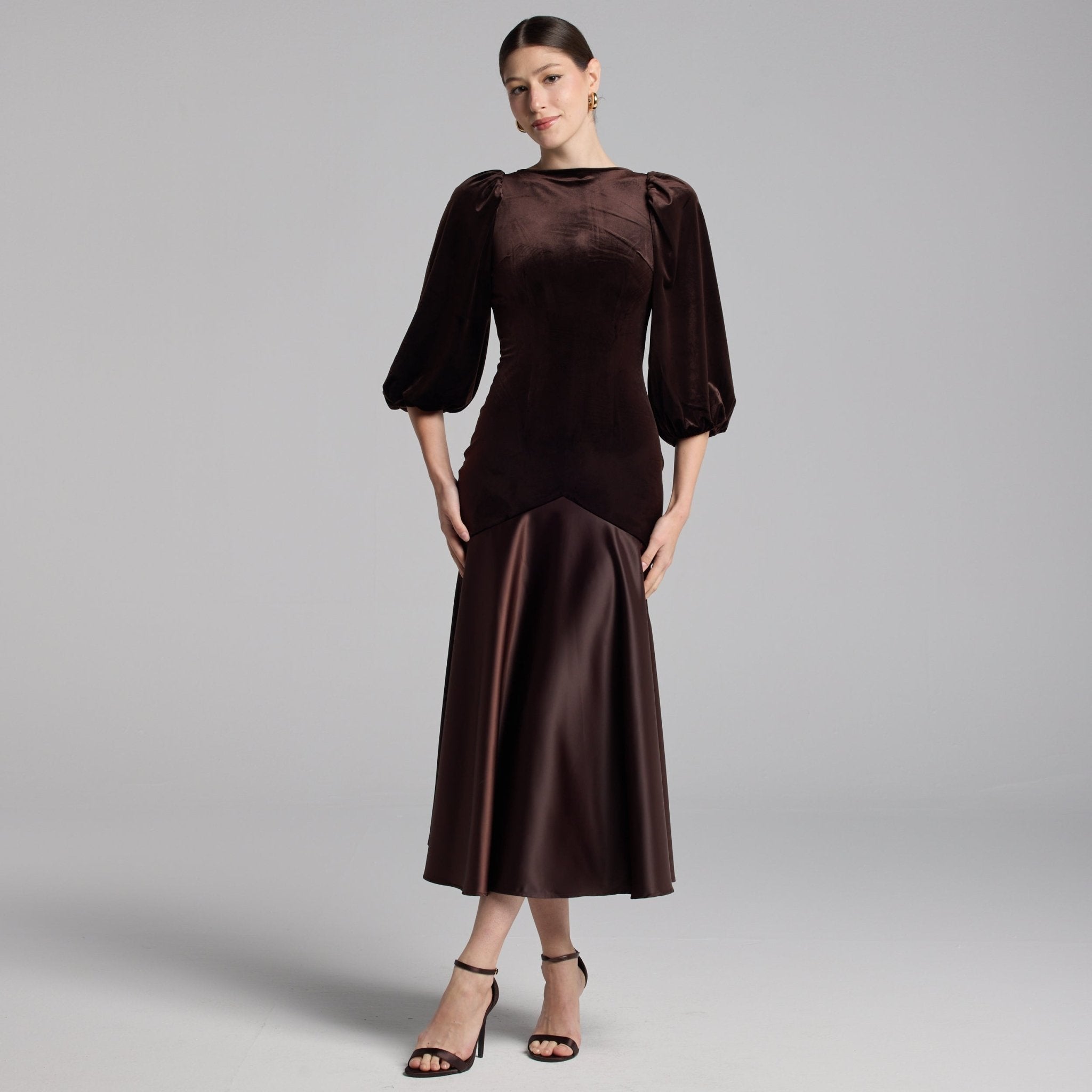 Brown Velvet - Satin Dropped - Waist Dress - shopaleena