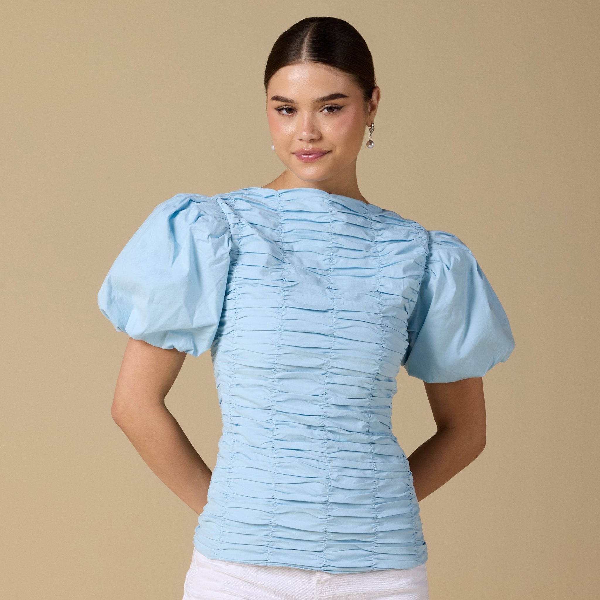 Buffed Short Sleeves Poplin Dress - shopaleena