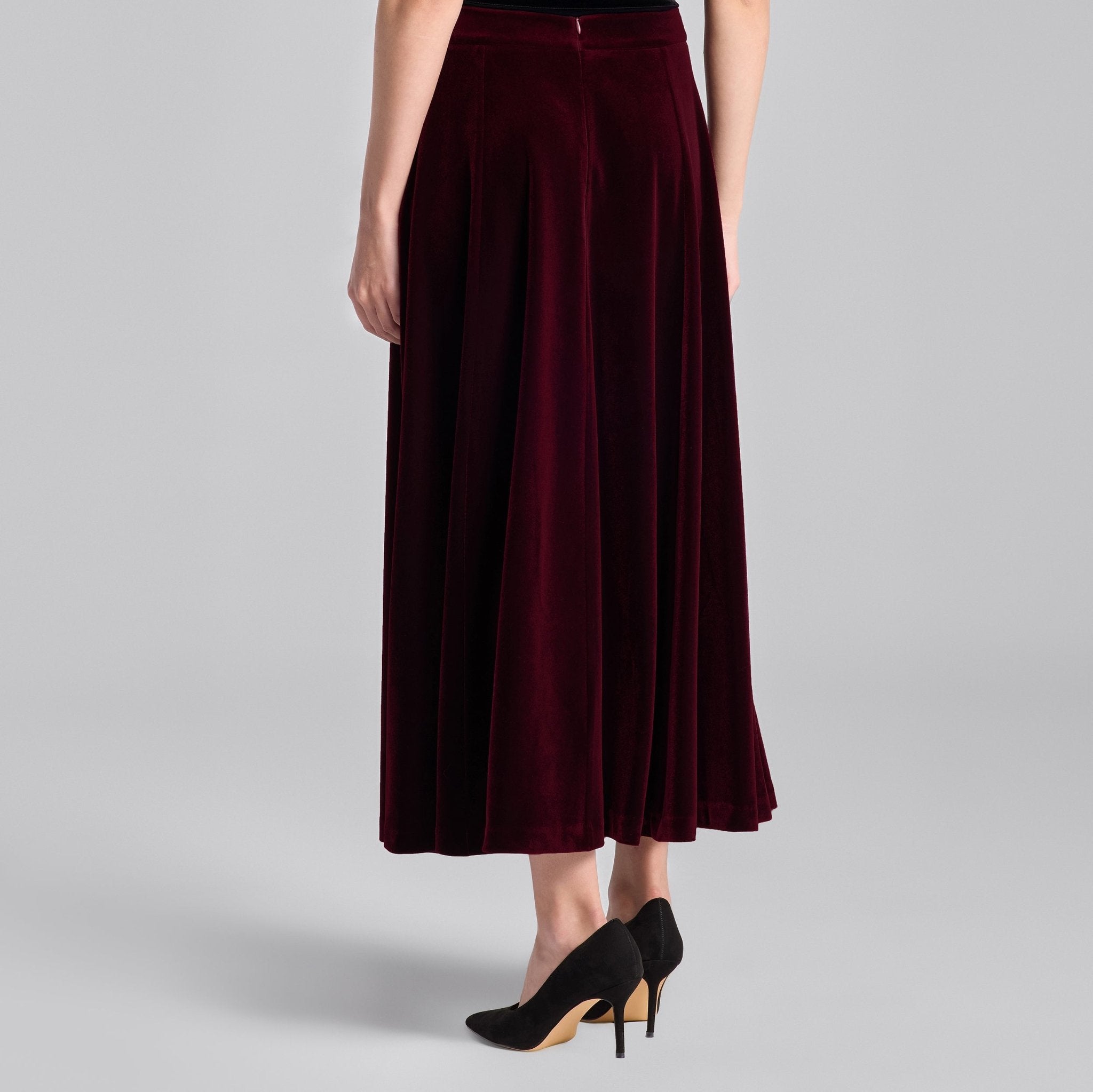 Burgundy A Line Velvet Midi Skirt - shopaleena