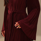 Burgundy All Pleats Long Sleeve Chiffon Dress - shopaleena