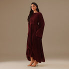 Burgundy All Pleats Long Sleeve Chiffon Dress - shopaleena