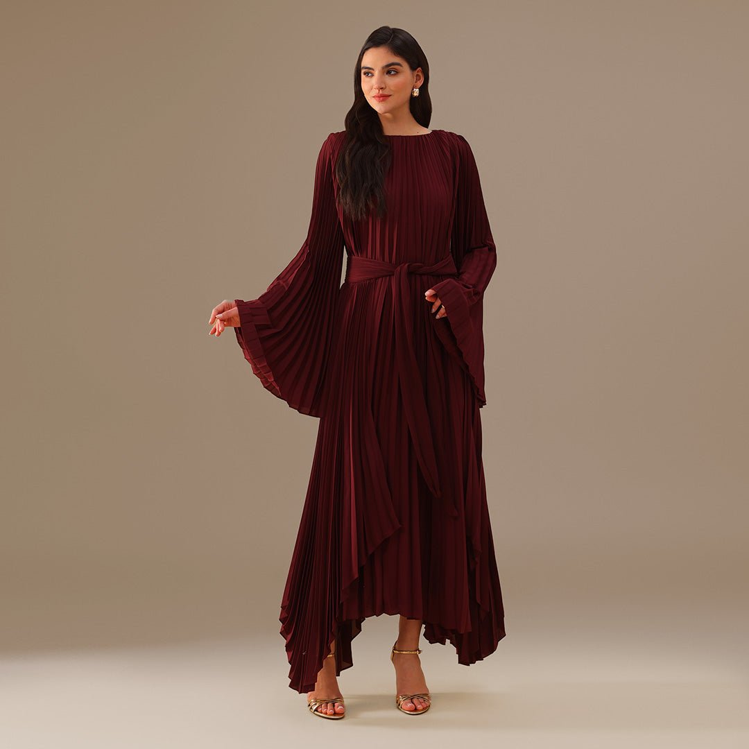 Burgundy All Pleats Long Sleeve Chiffon Dress - shopaleena