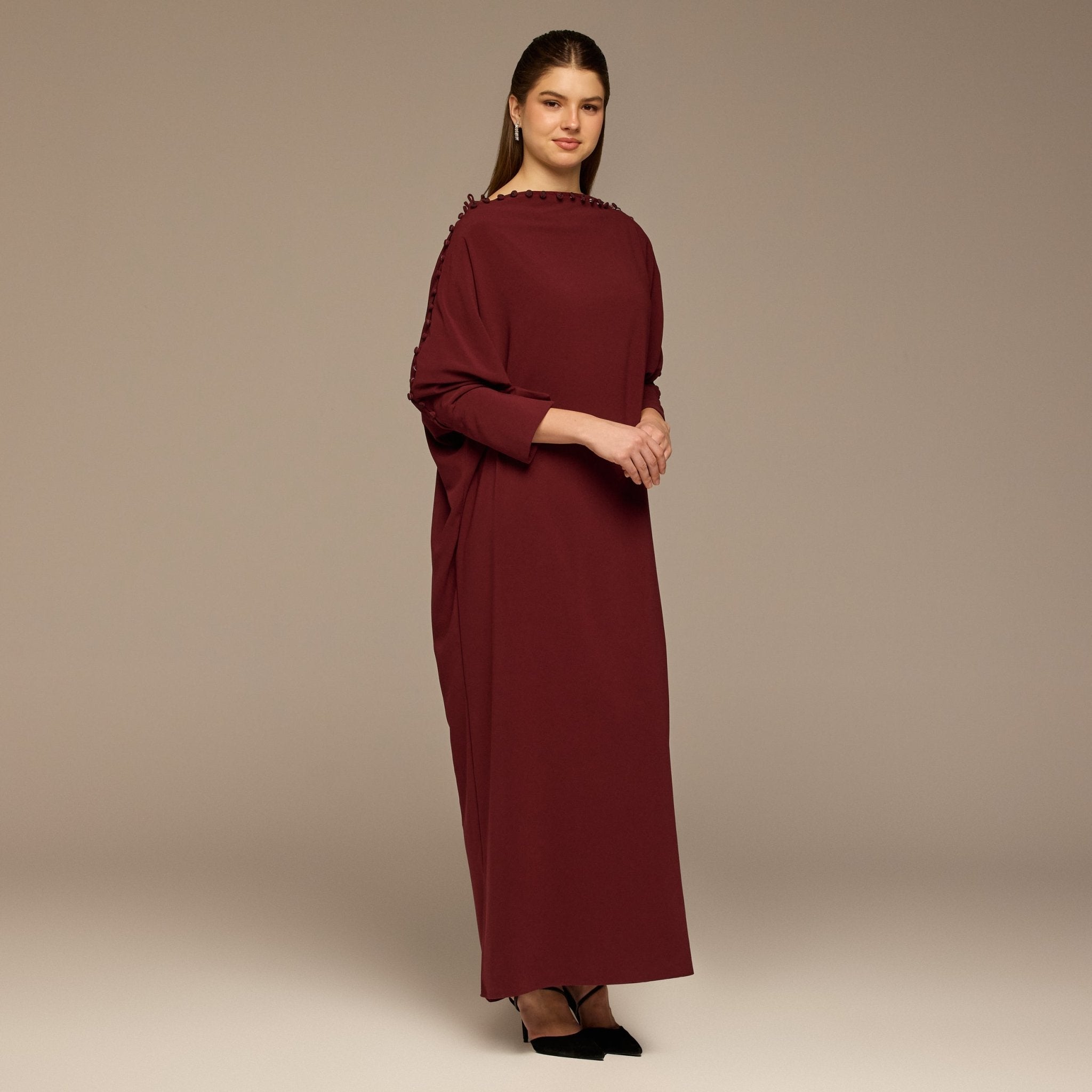 Burgundy Asymmetric Crepe Kaftan - shopaleena