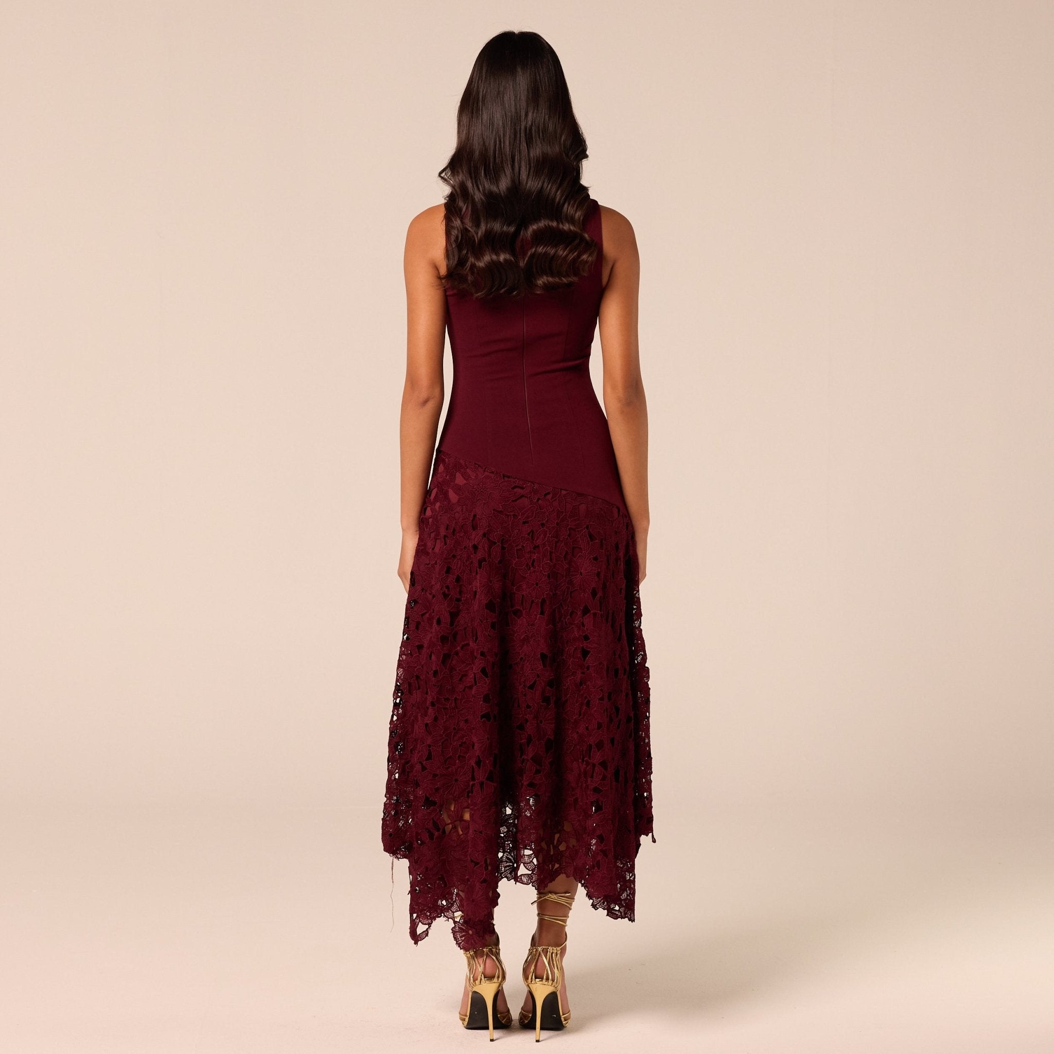 Burgundy Asymmetric Lace-Overlay Cotton Dress - shopaleena
