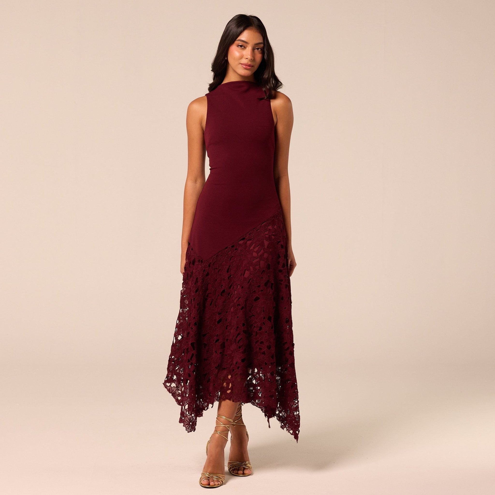 Burgundy Asymmetric Lace-Overlay Cotton Dress - shopaleena