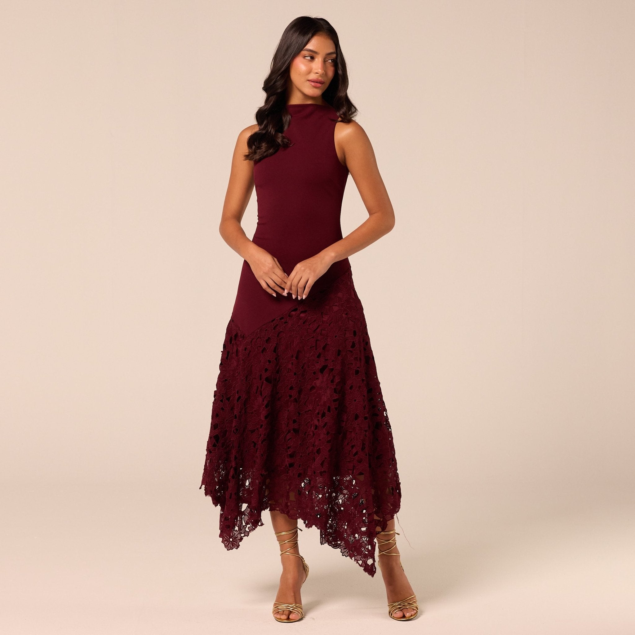 Burgundy Asymmetric Lace-Overlay Cotton Dress - shopaleena