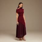 Burgundy Asymmetric Neckline Midi Dress with Pleats - shopaleena