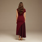 Burgundy Asymmetric Neckline Midi Dress with Pleats - shopaleena