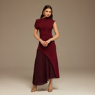 Burgundy Asymmetric Neckline Midi Dress with Pleats - shopaleena