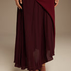 Burgundy Asymmetric Neckline Midi Dress with Pleats - shopaleena