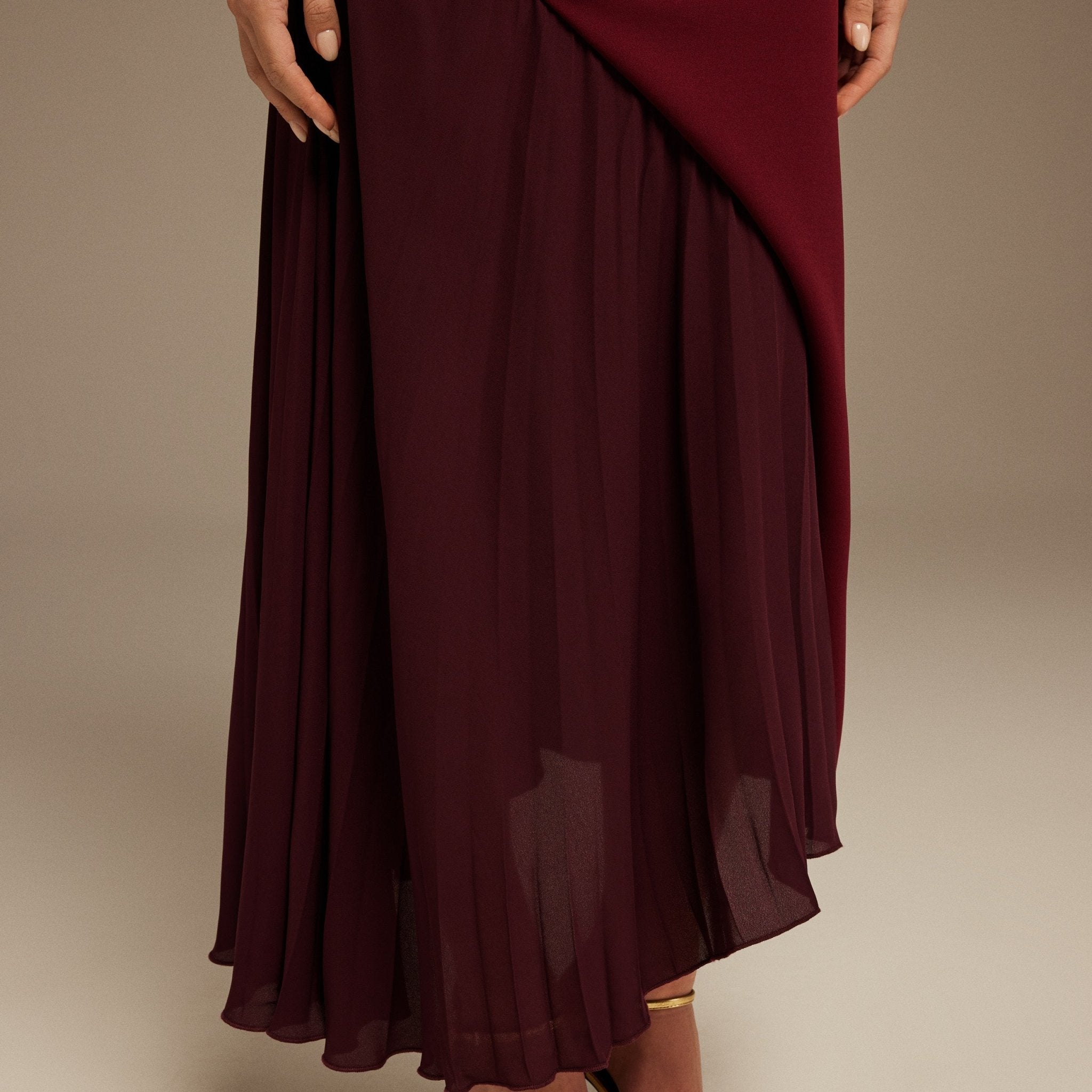 Burgundy Asymmetric Neckline Midi Dress with Pleats - shopaleena