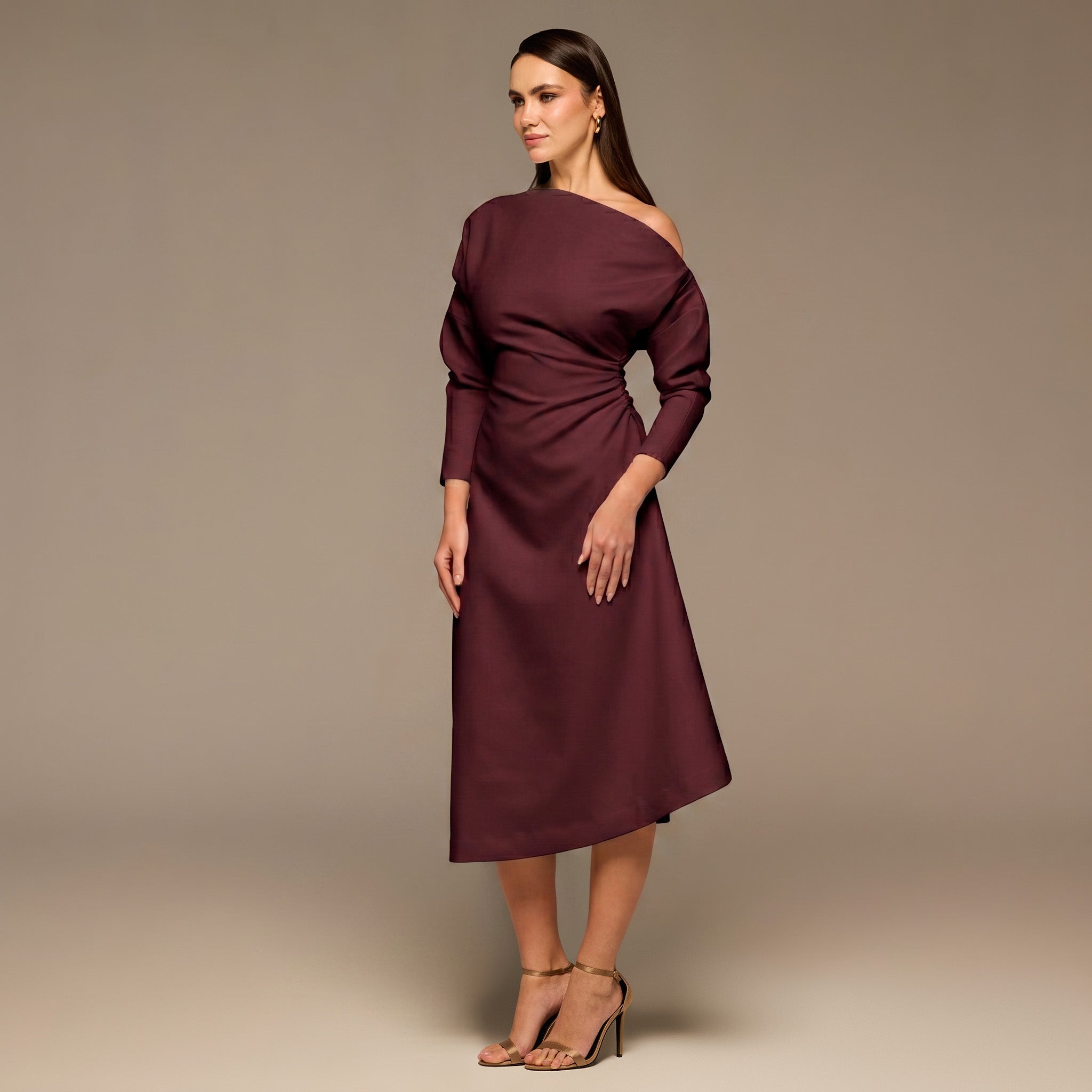Burgundy Asymmetric Off Shoulder Maxi Dress - shopaleena
