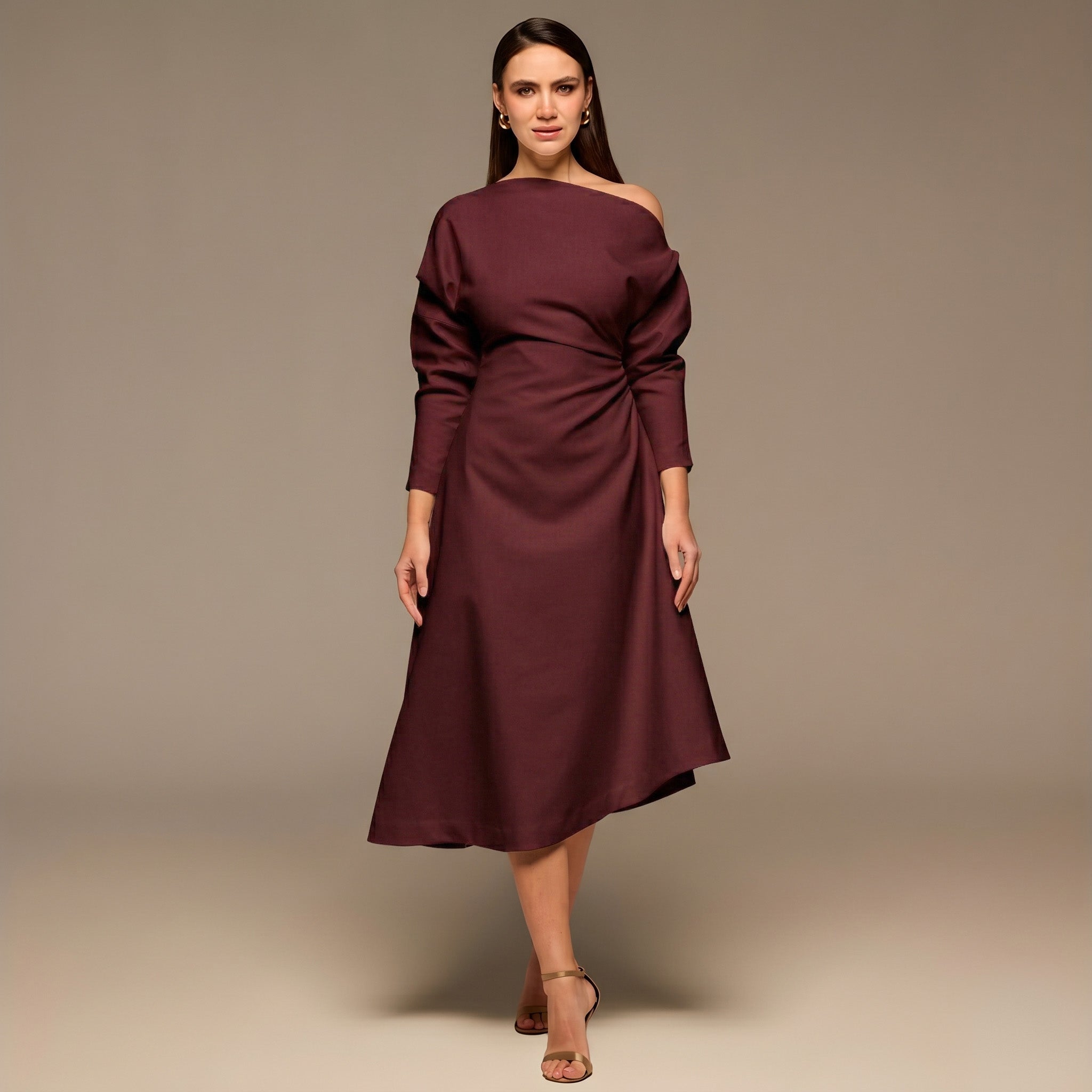 Burgundy Asymmetric Off Shoulder Maxi Dress - shopaleena