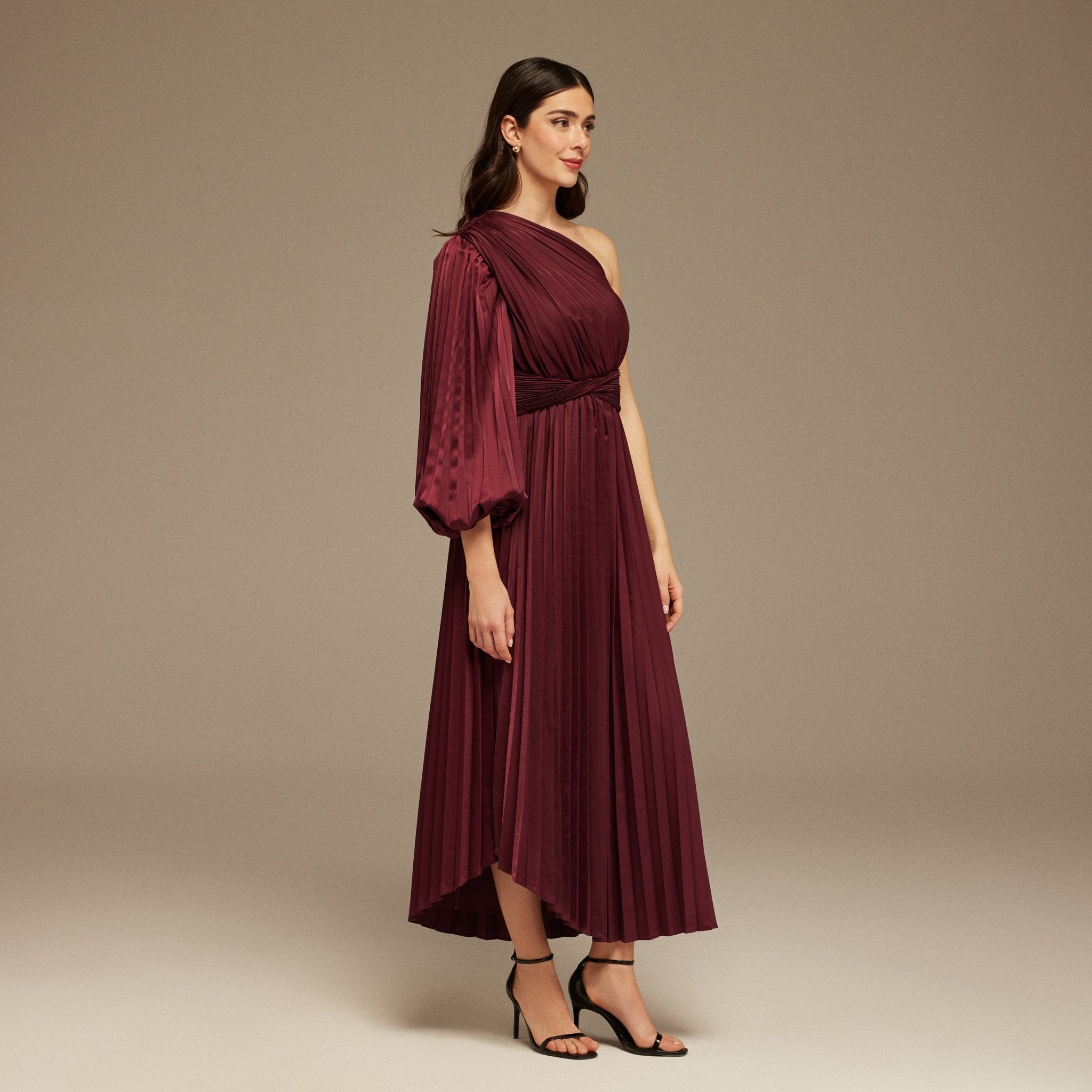 Burgundy Asymmetric One Sleeve Pleated Long Dress - shopaleena