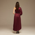 Burgundy Asymmetric One Sleeve Pleated Long Dress - shopaleena