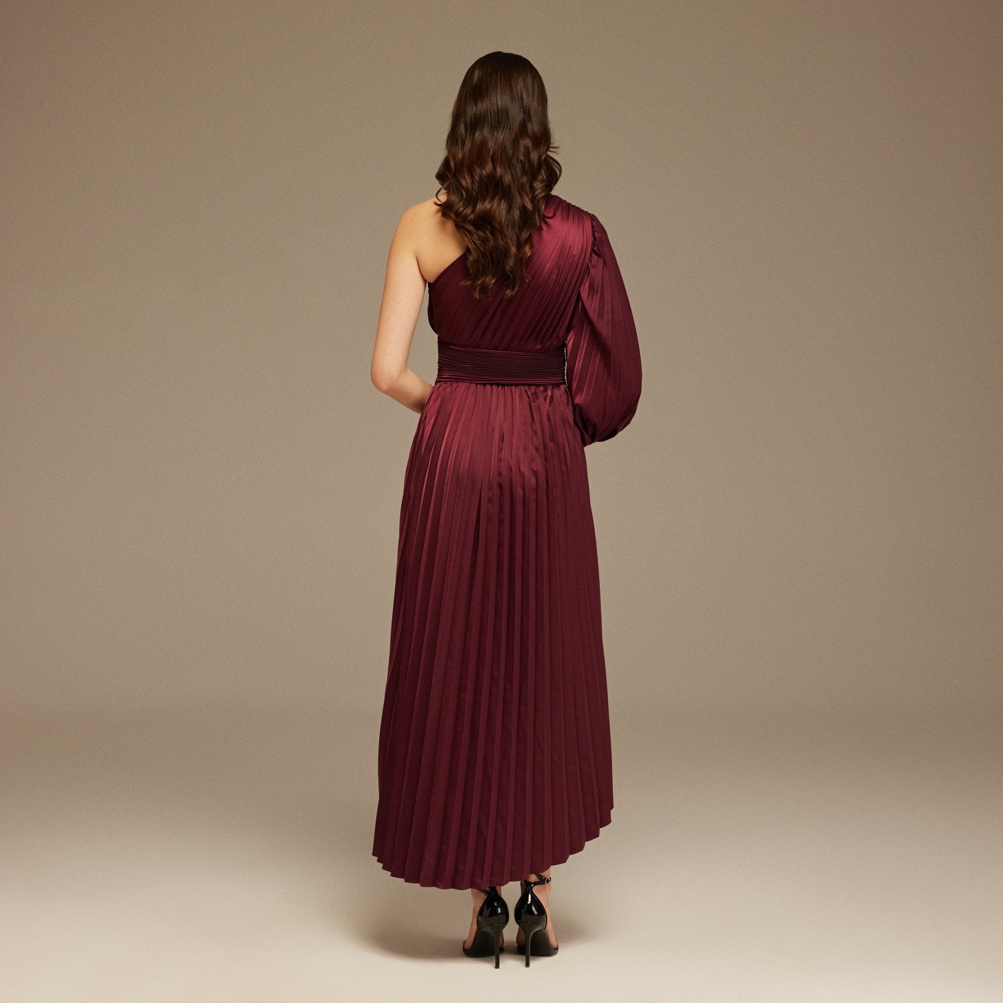 Burgundy Asymmetric One Sleeve Pleated Long Dress - shopaleena