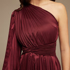 Burgundy Asymmetric One Sleeve Pleated Long Dress - shopaleena