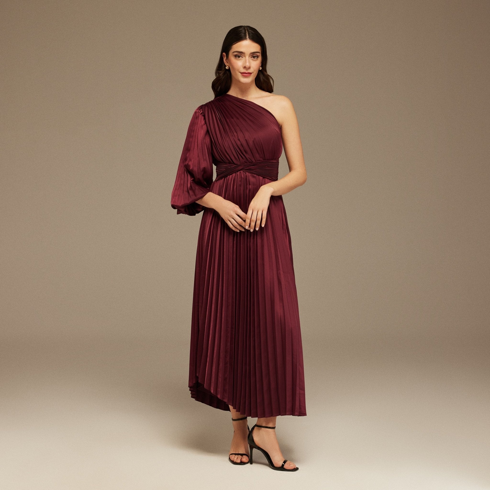 Burgundy Asymmetric One Sleeve Pleated Long Dress - shopaleena