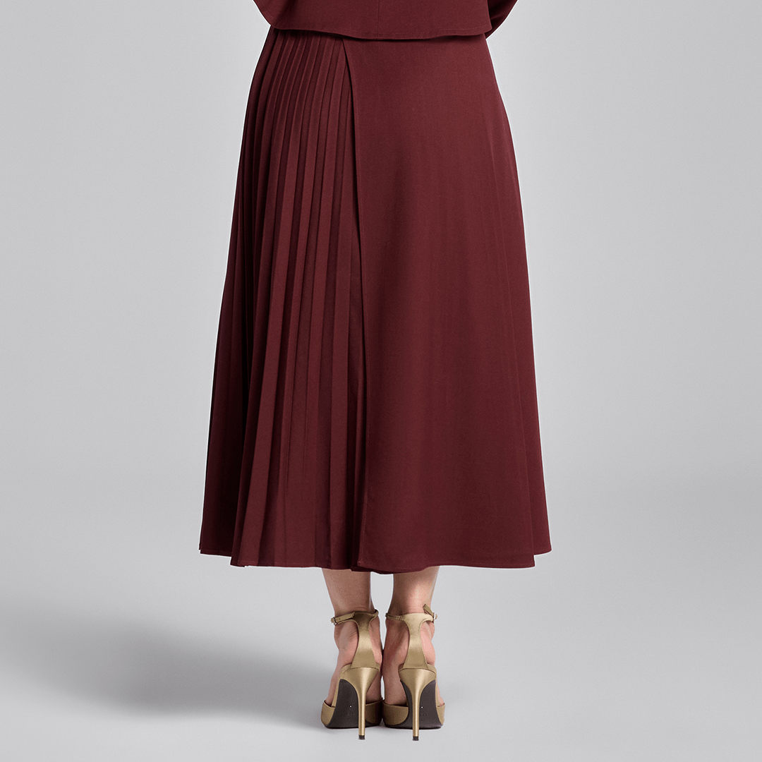 Burgundy Asymmetric Wool Midi Skirt - shopaleena