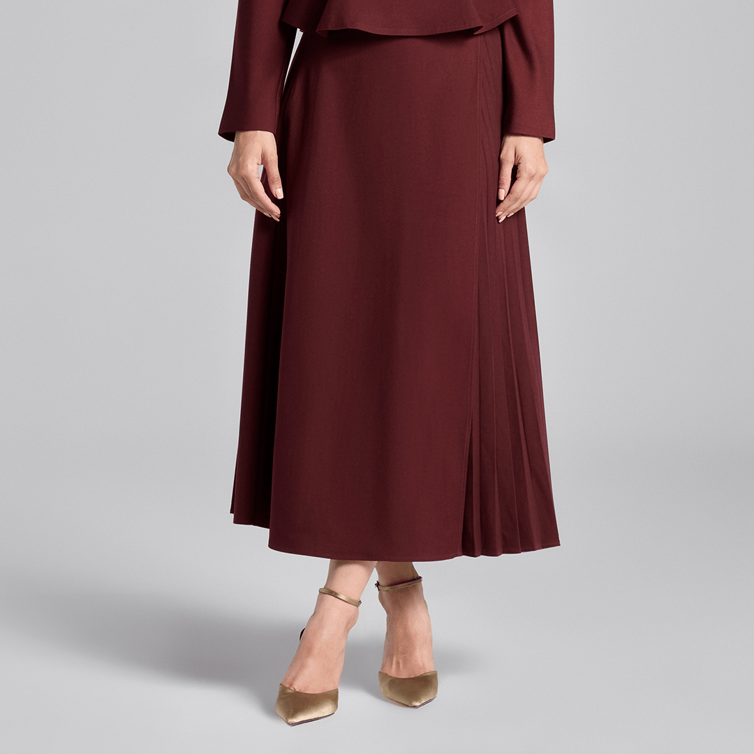 Burgundy Asymmetric Wool Midi Skirt - shopaleena