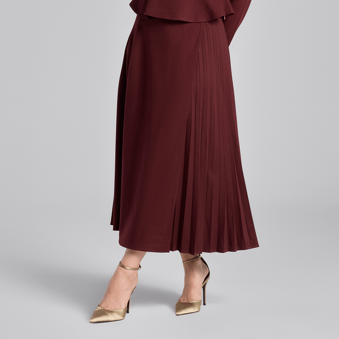 Burgundy Asymmetric Wool Midi Skirt - shopaleena