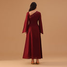 Burgundy Bare Shoulder Long Sleeve Embroidered Dress - shopaleena