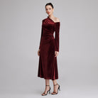 Burgundy Bare Shoulder Velvet Midi Dress - shopaleena