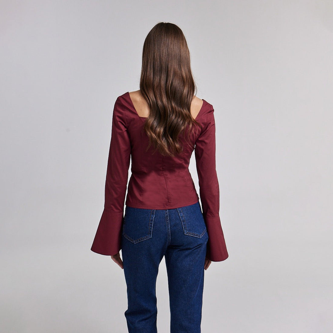 Burgundy Cotton Square Neck Long Sleeve Top - shopaleena